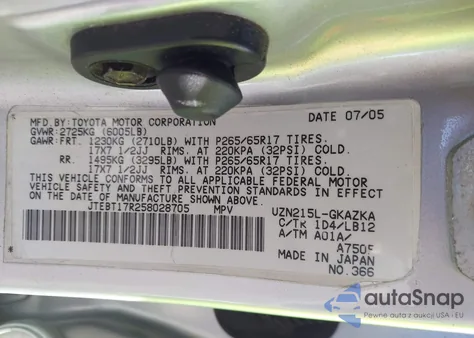 2005 Toyota 4Runner Limited V8 from USA, damaged, VIN JTEBT17R258028705